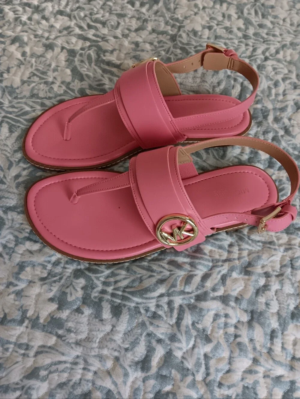 Michael Kors Pink Leather Toe-Post Slingbacks with Gold MK Emblem